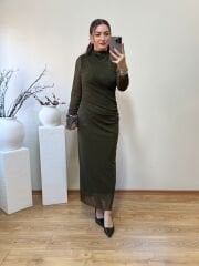 DRAPELİ KENDİNDEN SİMLİ TÜL ELBİSE YEŞİL