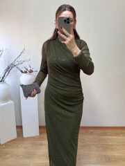 DRAPELİ KENDİNDEN SİMLİ TÜL ELBİSE YEŞİL