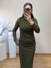 DRAPELİ KENDİNDEN SİMLİ TÜL ELBİSE YEŞİL