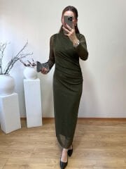 DRAPELİ KENDİNDEN SİMLİ TÜL ELBİSE YEŞİL