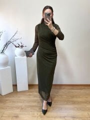 DRAPELİ KENDİNDEN SİMLİ TÜL ELBİSE YEŞİL