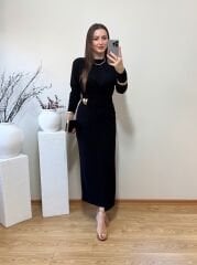 GOLD TOKA DETAYLI VATKALI KRUVAZE ELBİSE SİYAH