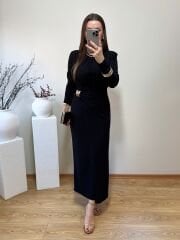 GOLD TOKA DETAYLI VATKALI KRUVAZE ELBİSE SİYAH