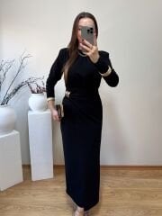 GOLD TOKA DETAYLI VATKALI KRUVAZE ELBİSE SİYAH