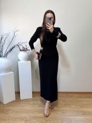 GOLD TOKA DETAYLI VATKALI KRUVAZE ELBİSE SİYAH