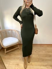 FULL LİKRALI ESNEK KUMAŞ BİSİKLET YAKA TRİKO ELBİSE YEŞİL
