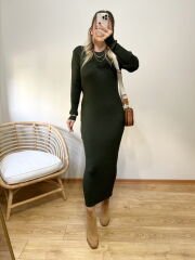 FULL LİKRALI ESNEK KUMAŞ BİSİKLET YAKA TRİKO ELBİSE YEŞİL