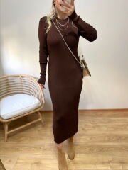 FULL LİKRALI ESNEK KUMAŞ BİSİKLET YAKA TRİKO ELBİSE ACI KAHVE