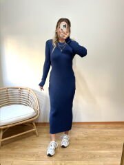 FULL LİKRALI ESNEK KUMAŞ BİSİKLET YAKA TRİKO ELBİSE İNDİGO MAVİ