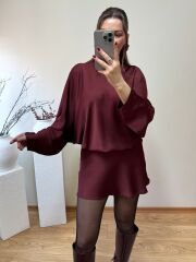 PREMİUM İPEK SATEN BOYUNDAN BAĞLAMALI ELBİSE BORDO