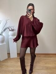 PREMİUM İPEK SATEN BOYUNDAN BAĞLAMALI ELBİSE BORDO