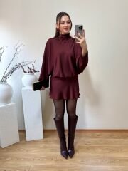 PREMİUM İPEK SATEN BOYUNDAN BAĞLAMALI ELBİSE BORDO