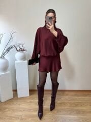 PREMİUM İPEK SATEN BOYUNDAN BAĞLAMALI ELBİSE BORDO