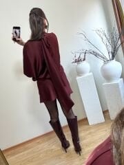 PREMİUM İPEK SATEN BOYUNDAN BAĞLAMALI ELBİSE BORDO