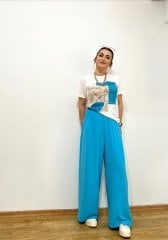ULTRA YÜKSEK BEL MAVİ TENSEL KUMAŞ RAHAT KALIP BELİ LASTİKLİ PANTOLON