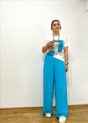 ULTRA YÜKSEK BEL MAVİ TENSEL KUMAŞ RAHAT KALIP BELİ LASTİKLİ PANTOLON