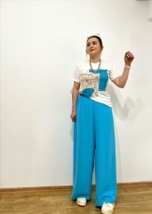 ULTRA YÜKSEK BEL MAVİ TENSEL KUMAŞ RAHAT KALIP BELİ LASTİKLİ PANTOLON