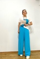 ULTRA YÜKSEK BEL MAVİ TENSEL KUMAŞ RAHAT KALIP BELİ LASTİKLİ PANTOLON