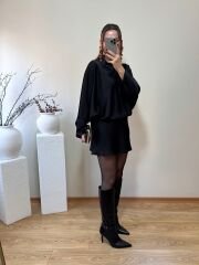 PREMİUM İPEK SATEN BOYUNDAN BAĞLAMALI ELBİSE SİYAH