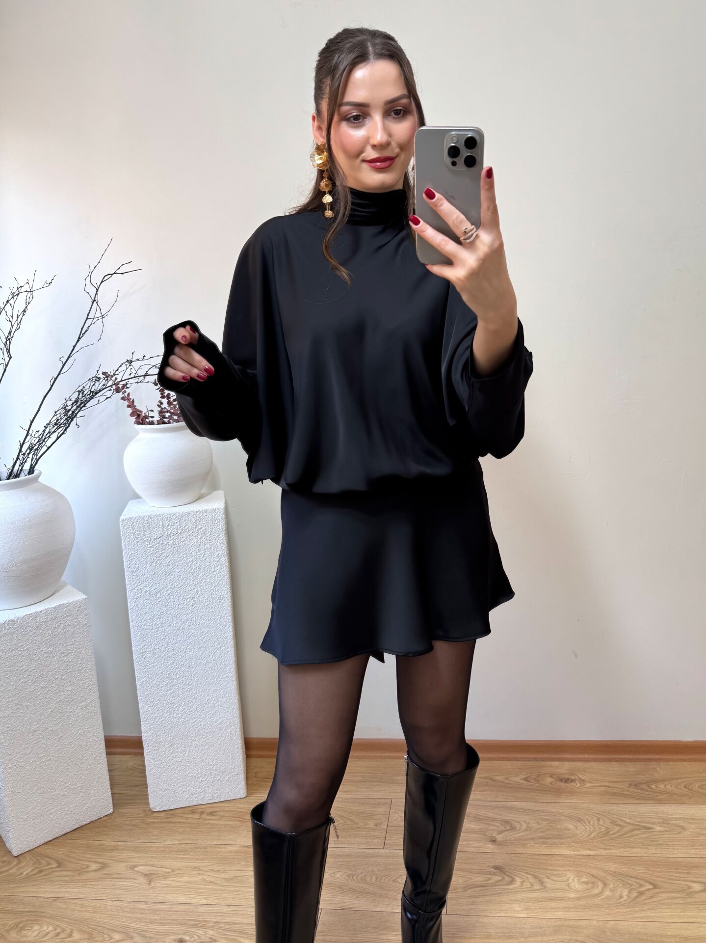 PREMİUM İPEK SATEN BOYUNDAN BAĞLAMALI ELBİSE SİYAH