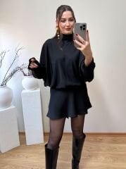 PREMİUM İPEK SATEN BOYUNDAN BAĞLAMALI ELBİSE SİYAH