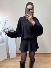 PREMİUM İPEK SATEN BOYUNDAN BAĞLAMALI ELBİSE SİYAH