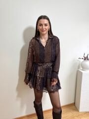 MİNİ ÇİÇEK DESENLİ ETEK VE KOL UCU DANTEL DETAYLI KEMERLİ ŞİFON GÖMLEK  ELBİSE