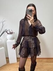 MİNİ ÇİÇEK DESENLİ ETEK VE KOL UCU DANTEL DETAYLI KEMERLİ ŞİFON GÖMLEK  ELBİSE