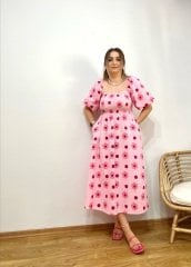 ŞEKER PEMBE ÇİÇEKLİ  POPLİN KUMAŞ BALON KOL ELBİSE