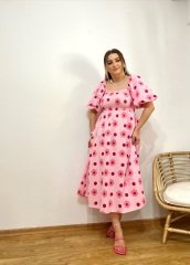 ŞEKER PEMBE ÇİÇEKLİ  POPLİN KUMAŞ BALON KOL ELBİSE