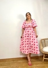 ŞEKER PEMBE ÇİÇEKLİ  POPLİN KUMAŞ BALON KOL ELBİSE