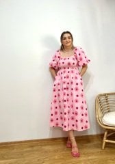 ŞEKER PEMBE ÇİÇEKLİ  POPLİN KUMAŞ BALON KOL ELBİSE