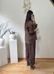 PREMİUM KIRIŞIK GÖRÜNÜMLÜ ŞALVAR TAKIM KAHVE