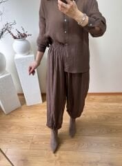 PREMİUM KIRIŞIK GÖRÜNÜMLÜ ŞALVAR TAKIM KAHVE