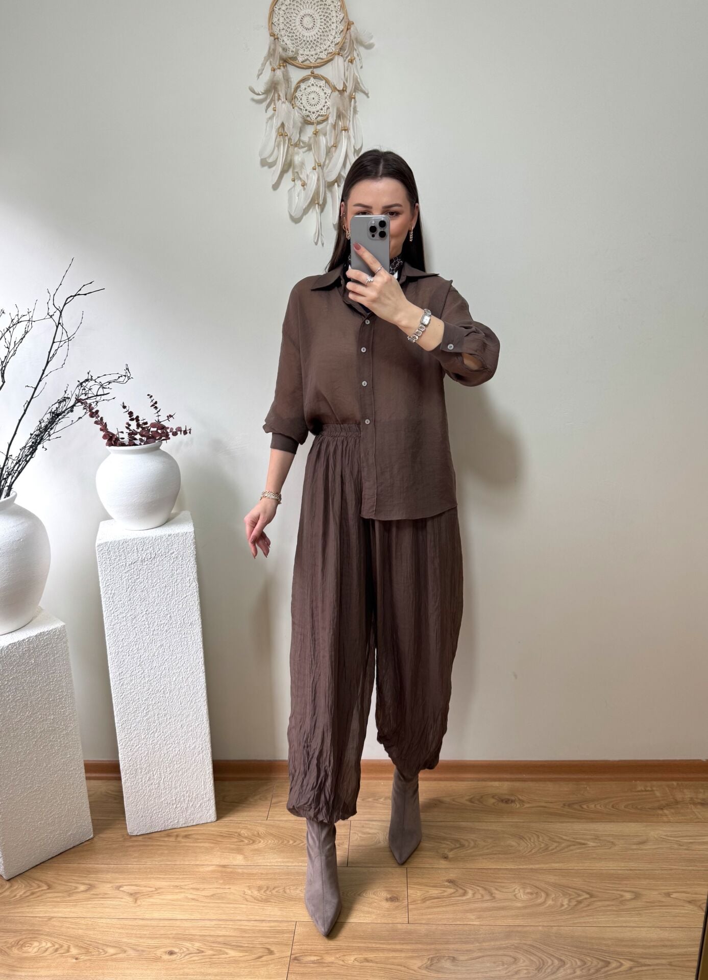 PREMİUM KIRIŞIK GÖRÜNÜMLÜ ŞALVAR TAKIM KAHVE