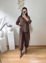 PREMİUM KIRIŞIK GÖRÜNÜMLÜ ŞALVAR TAKIM KAHVE