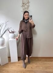 PREMİUM KIRIŞIK GÖRÜNÜMLÜ ŞALVAR TAKIM KAHVE