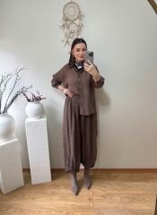 PREMİUM KIRIŞIK GÖRÜNÜMLÜ ŞALVAR TAKIM KAHVE