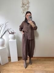 PREMİUM KIRIŞIK GÖRÜNÜMLÜ ŞALVAR TAKIM KAHVE