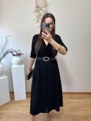 KENDİNDEN KEMERLİ TENSEL KUMAŞ GÖMLEK ELBİSE SİYAH