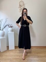 KENDİNDEN KEMERLİ TENSEL KUMAŞ GÖMLEK ELBİSE SİYAH