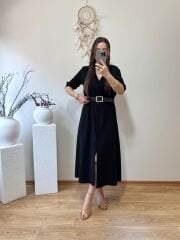 KENDİNDEN KEMERLİ TENSEL KUMAŞ GÖMLEK ELBİSE SİYAH