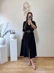 KENDİNDEN KEMERLİ TENSEL KUMAŞ GÖMLEK ELBİSE SİYAH