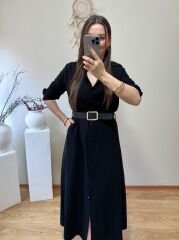 KENDİNDEN KEMERLİ TENSEL KUMAŞ GÖMLEK ELBİSE SİYAH