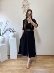 KENDİNDEN KEMERLİ TENSEL KUMAŞ GÖMLEK ELBİSE SİYAH