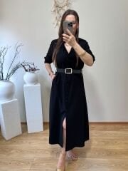 KENDİNDEN KEMERLİ TENSEL KUMAŞ GÖMLEK ELBİSE SİYAH