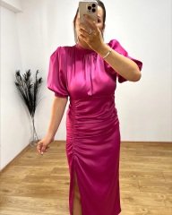 FUŞYA GİPELİ ÖZEL SATEN KUMAŞ TASARIM  ELBİSE