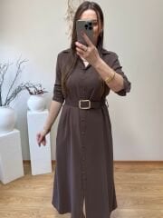 KENDİNDEN KEMERLİ TENSEL KUMAŞ GÖMLEK ELBİSE KAHVE