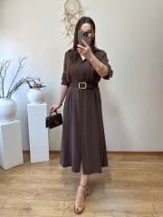 KENDİNDEN KEMERLİ TENSEL KUMAŞ GÖMLEK ELBİSE KAHVE