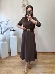 KENDİNDEN KEMERLİ TENSEL KUMAŞ GÖMLEK ELBİSE KAHVE